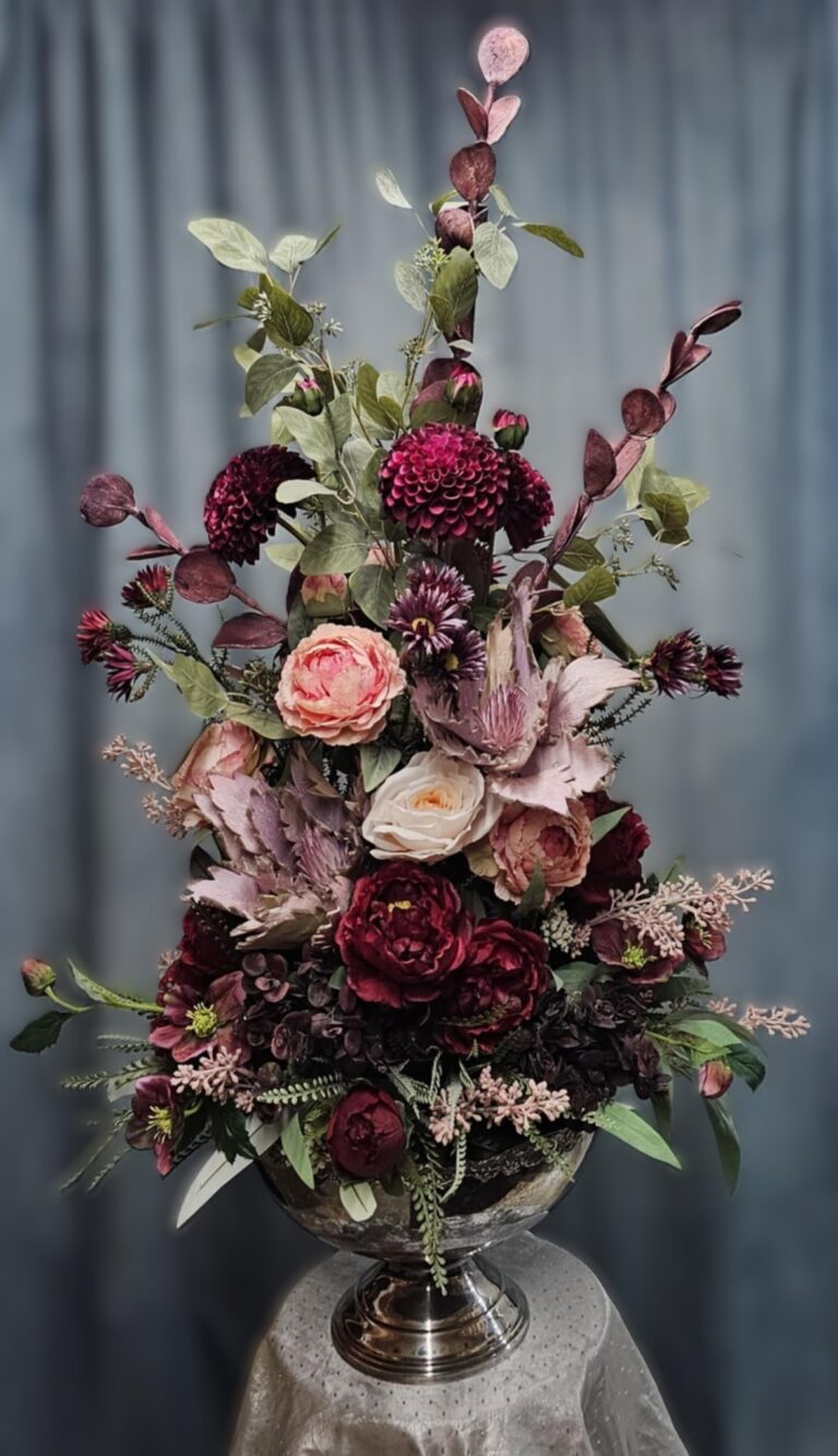 Tall Faux Flower Arrangement with Red Blooms and Lush Greenery