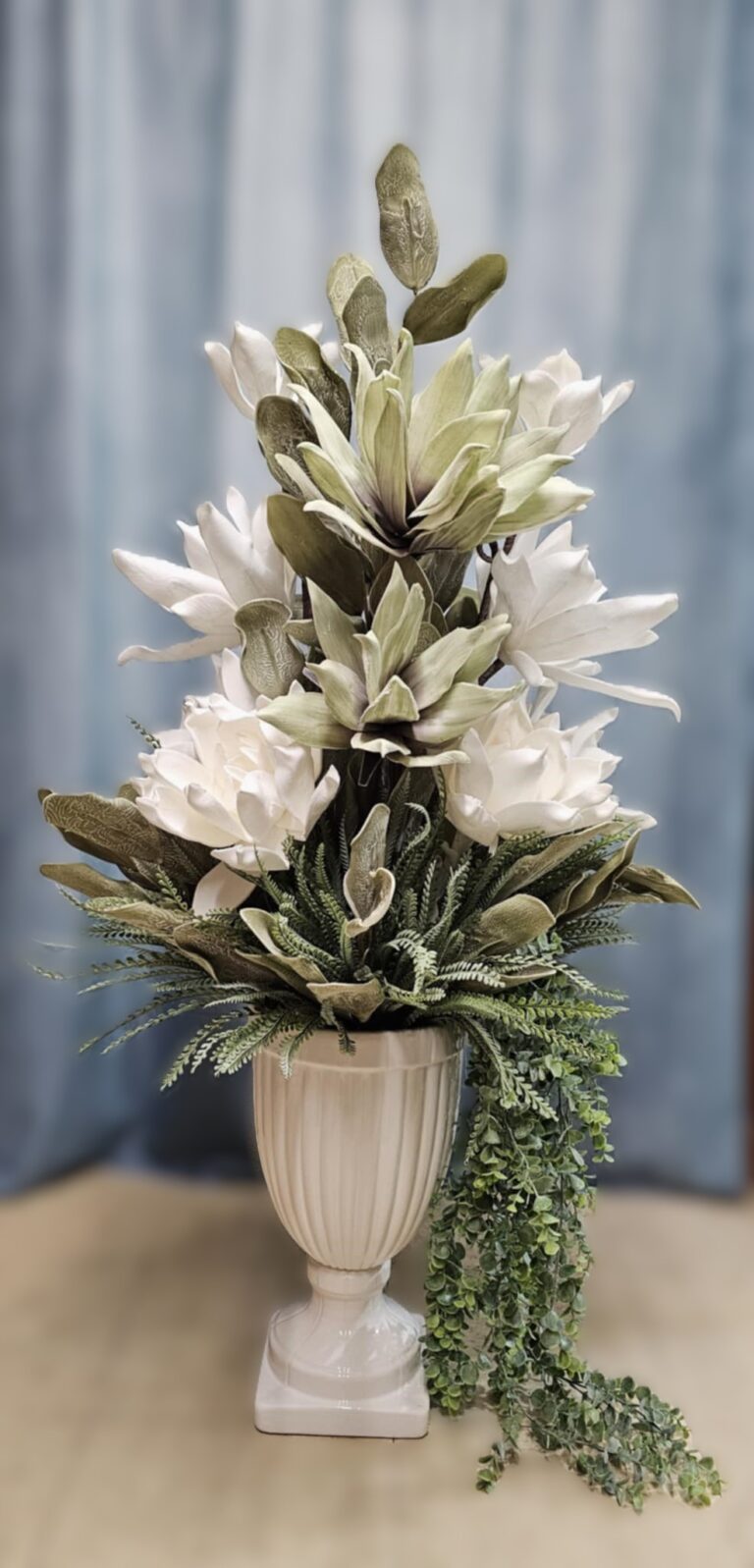 White Urn Faux Floral Display – Handmade and Lifelike