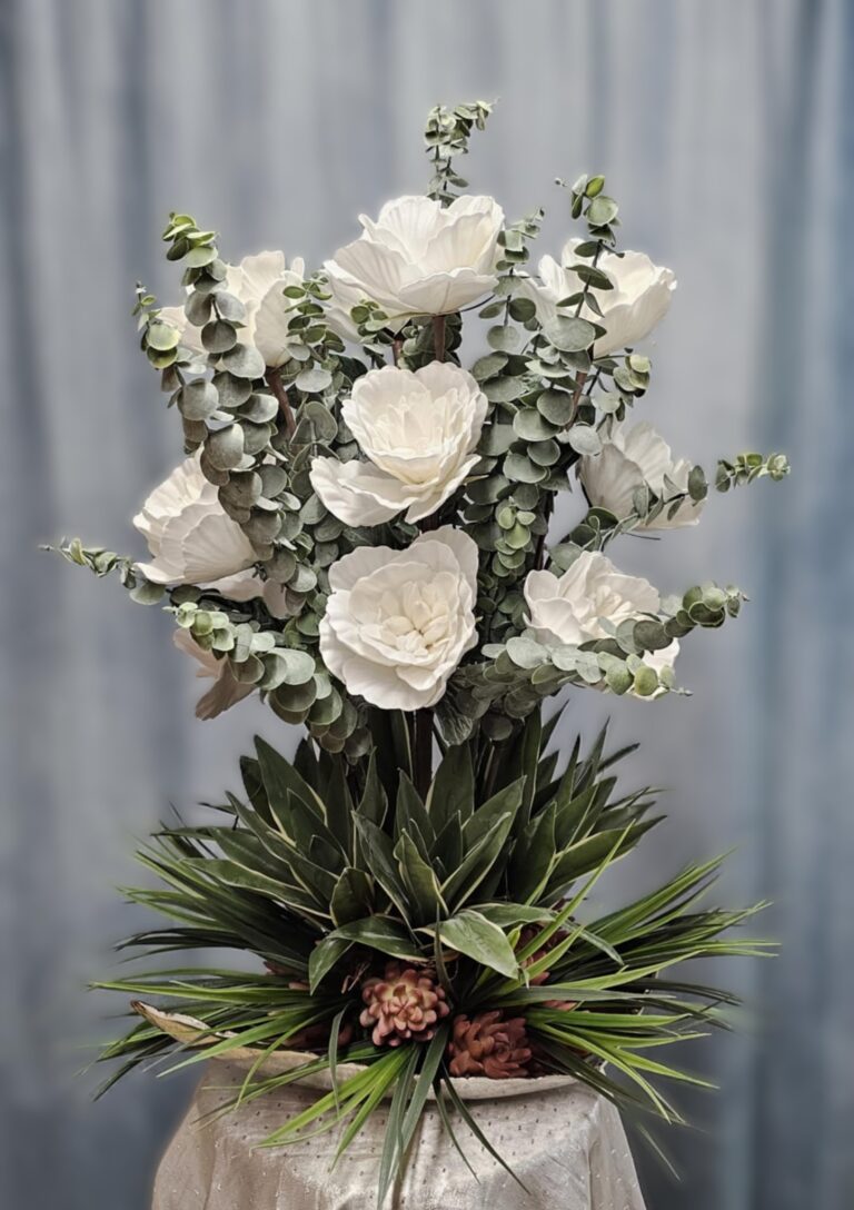 Tall Faux Flower Arrangement with White Blooms and Lush Greenery