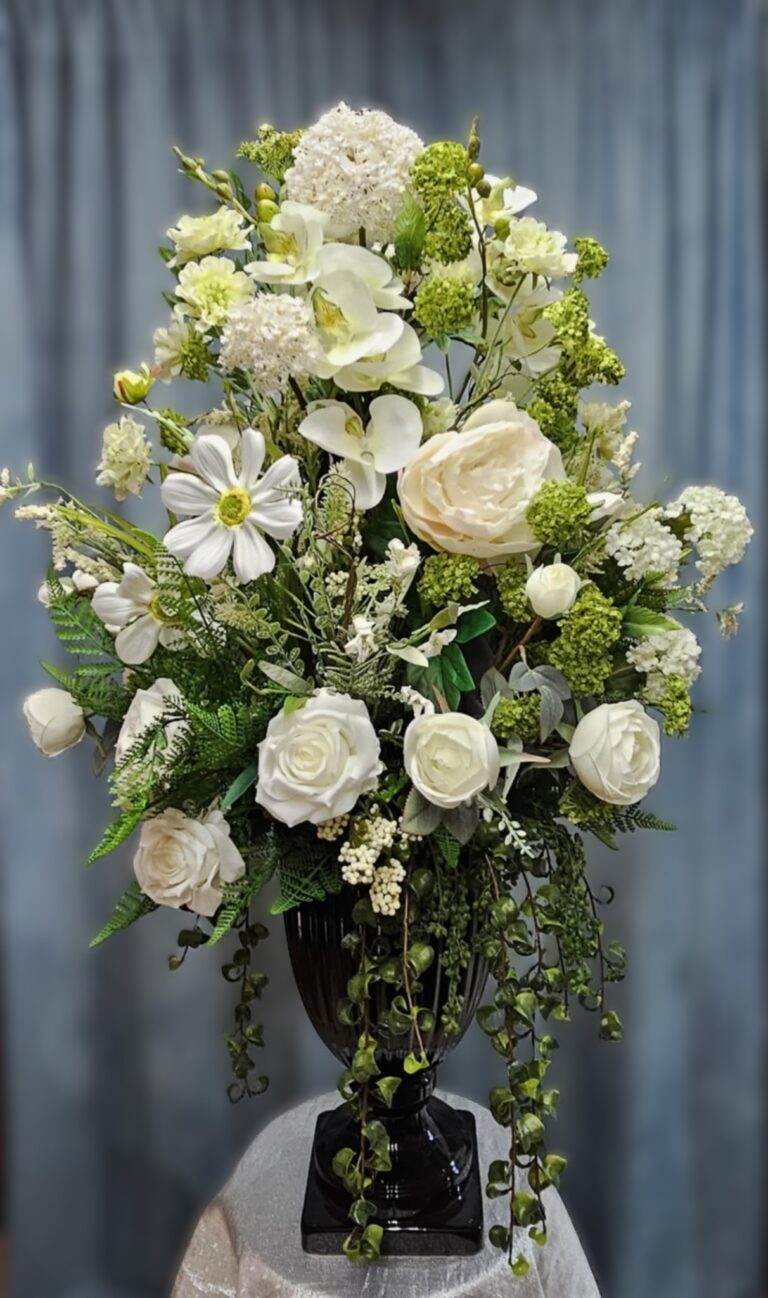 Lifelike White Floral Centerpiece with Black Vase and Greenery