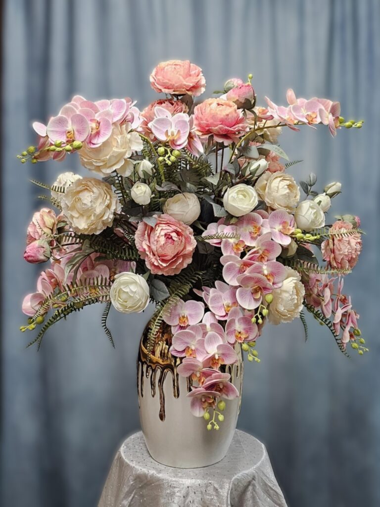 Luxury Handcrafted Silk Flower Centerpiece in Gold-Accented Vase