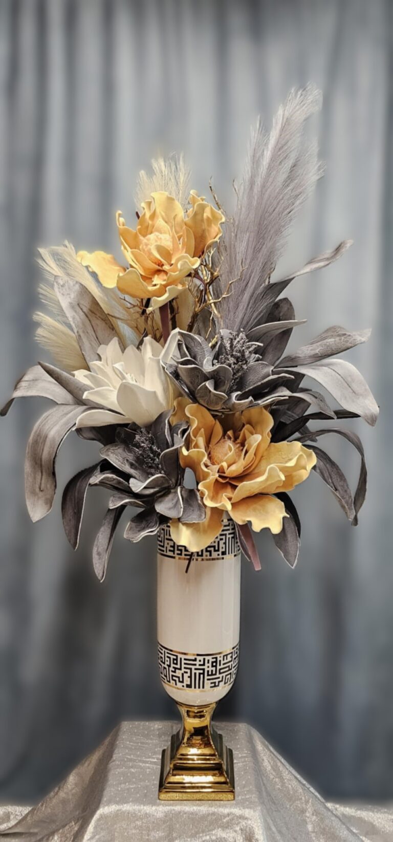 Elegant Faux Fall Floral Arrangement in Tall White and Gold Vase