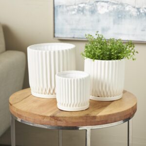 White Ceramic Ribbed Indoor Outdoor Planter with Attached Saucer