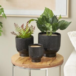 Black Ceramic Speckled Indoor Outdoor Planter with Linear Grooves and Tapered Bases