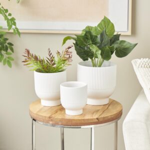 White Ceramic Indoor Outdoor Planter with Linear Grooves and Tapered Bases