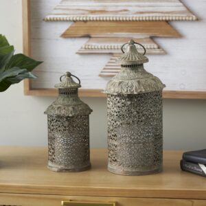 Brown Metal Scroll Distressed Vintage Inspired Ornate Indoor Outdoor Candle Lantern
