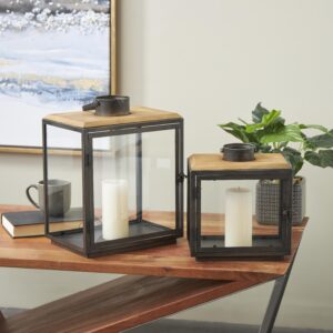 Dark Gray Metal Brushed Rectangular Indoor Outdoor Candle Lantern with Brown Wood Tops