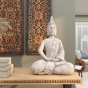 Gray Magnesium Oxide Buddha Indoor Outdoor Meditating Decorative Garden Sculpture with Floral Carvings and Beaded Details