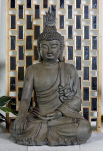 Gray Polystone Buddha Meditating Decorative Sculpture with Engraved Carvings and Relief Detailing