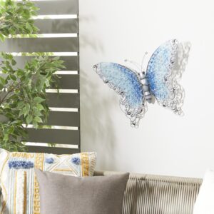 Blue Metal Butterfly Cutout Home Wall Decor with Silver Scroll Details