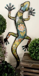 Multi Colored Metal Lizard Indoor Outdoor Home Wall Decor with Teal and Yellow Accents