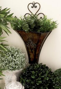 Brown Metal Scroll Weathered Hanging Indoor Outdoor Wall Planter with Fleur-De-Lis Accent
