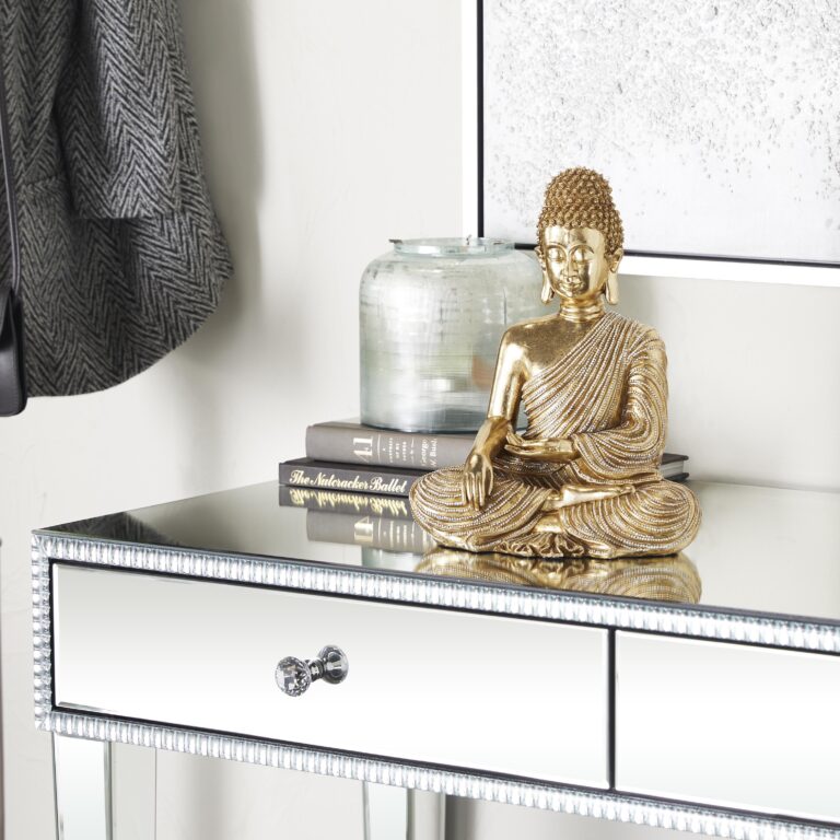 Gold Polystone Buddha Meditating Decorative Sculpture with Engraved Carvings and Relief Detailing
