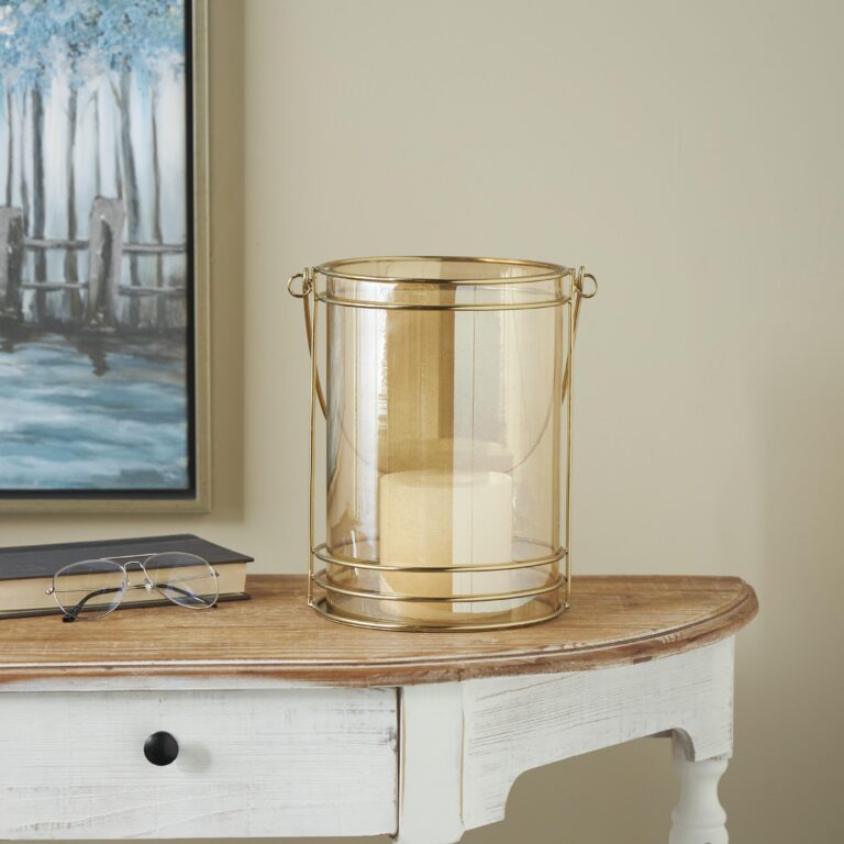 Gold Metal Indoor Outdoor Candle Lantern with Thin Circular Rods and Tinted Glass