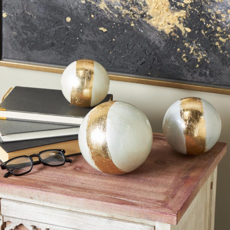 White Plastic Abstract Brushed Decorative Orbs & Vase Filler with Gold Stripe