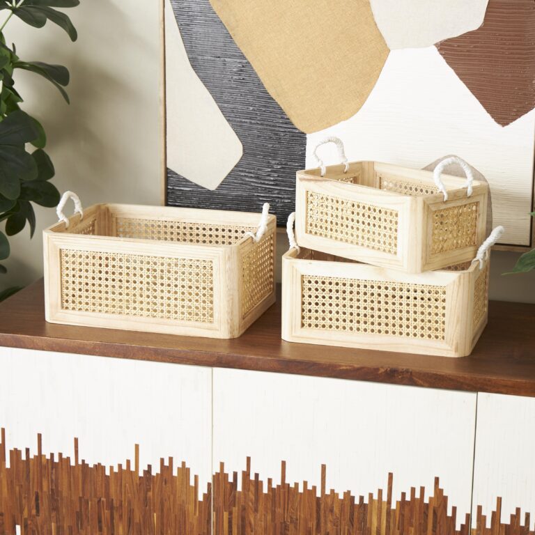 Brown Rattan Woven Decorative and Functional Storage Basket with Rope Handles