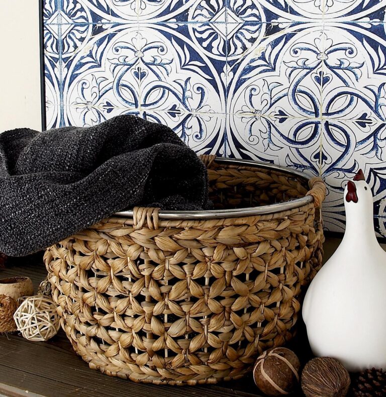 Light Brown Seagrass Handmade Decorative and Functional Storage Basket with Metal Handles