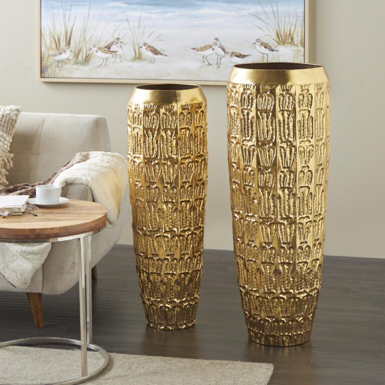 Gold Metal Tall Decorative Vase with Grooved Patterns