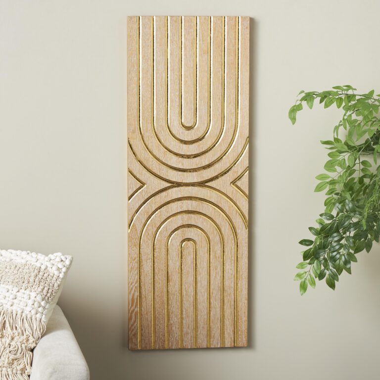 Light Brown Wood Geometric Panel Home Wall Decor with Overlapping Gold Arches