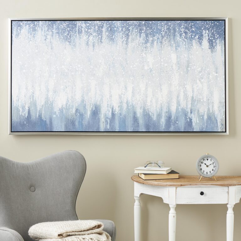 Blue Canvas Abstract Movement Inspired Living Room Framed Wall Art with White Textured Accents