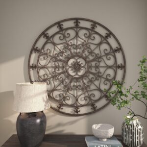 Bronze Metal Fleur De Lis Circle Home Wall Decor with Scrollwork