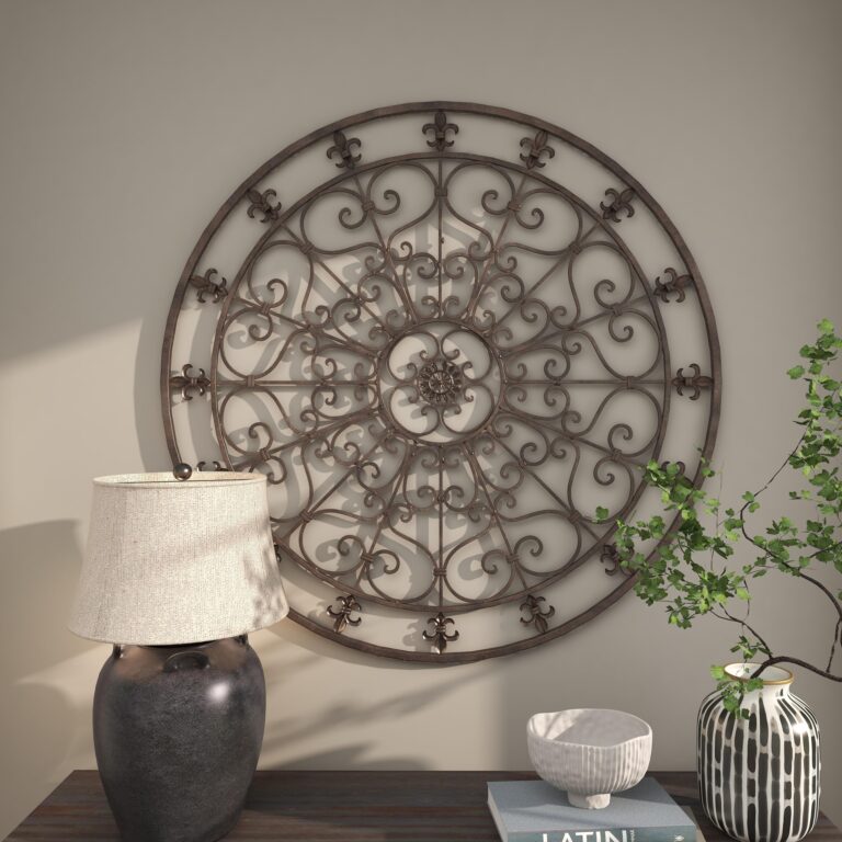 Bronze Metal Fleur De Lis Circle Home Wall Decor with Scrollwork