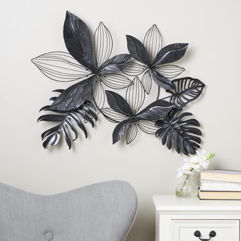 Black Metal Floral Tropical Home Wall Decor with Wire Accents