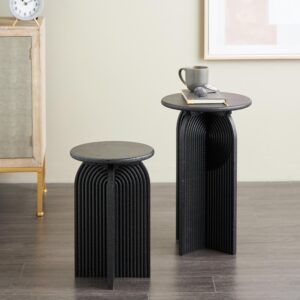 Black Wood Geometric Sandstone Carved Art Deco Arched Pedestal Side End Accent Table