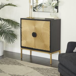 Bronze Wood Geometric Relief Ripple Design 1 Shelf and 2 Door Room Cabinet with Crescent Moon Handles
