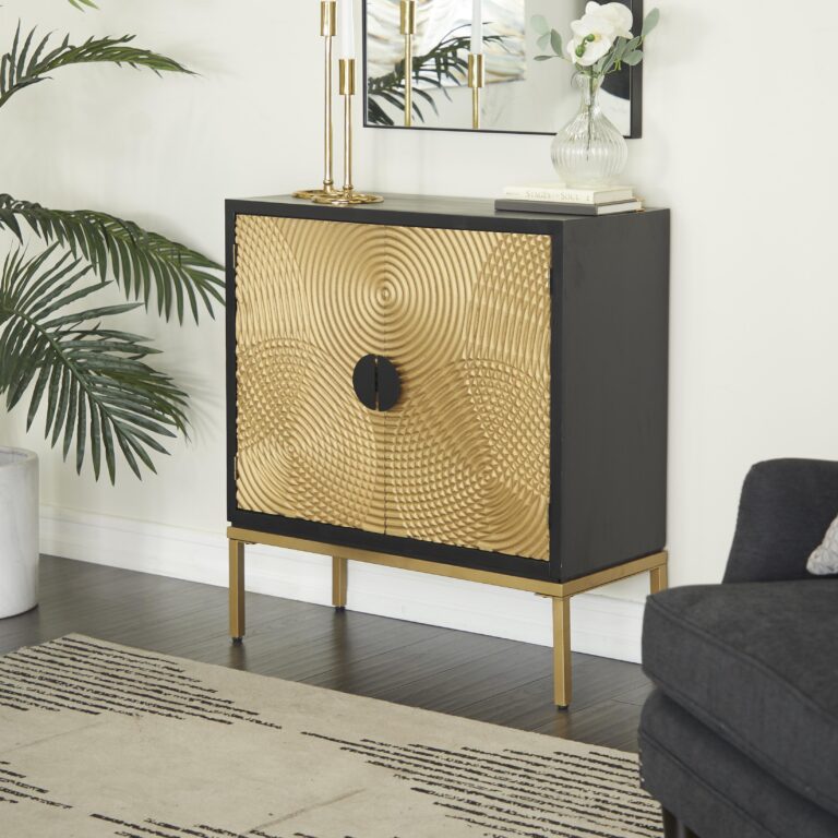 Bronze Wood Geometric Relief Ripple Design 1 Shelf and 2 Door Room Cabinet with Crescent Moon Handles