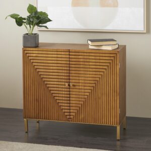 Brown Wood Geometric Carved Square Room Cabinet with Gold Accents