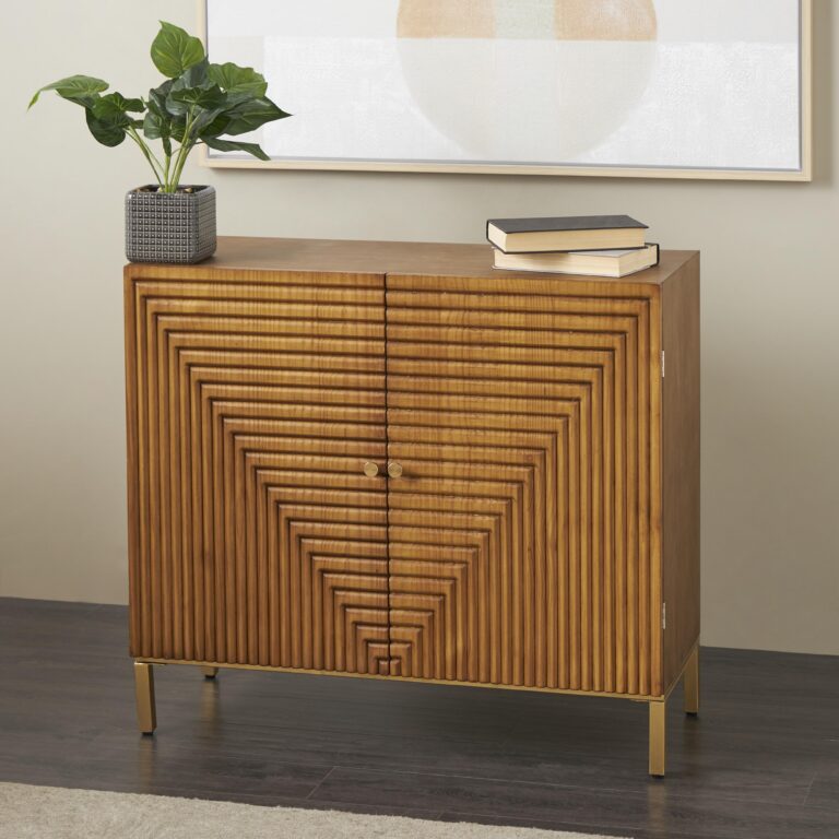 Brown Wood Geometric Carved Square Room Cabinet with Gold Accents