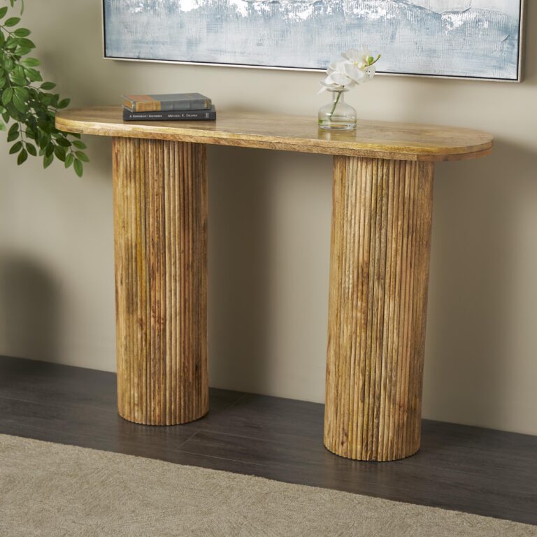 Brown Mango Wood Handmade Oval Living Room Console Table with Ribbed Legs