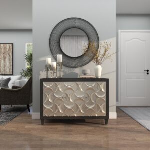 Black Wooden Moon Silver Crescent Relief Design 2 Door Room Cabinet with Crystal Knob Handles