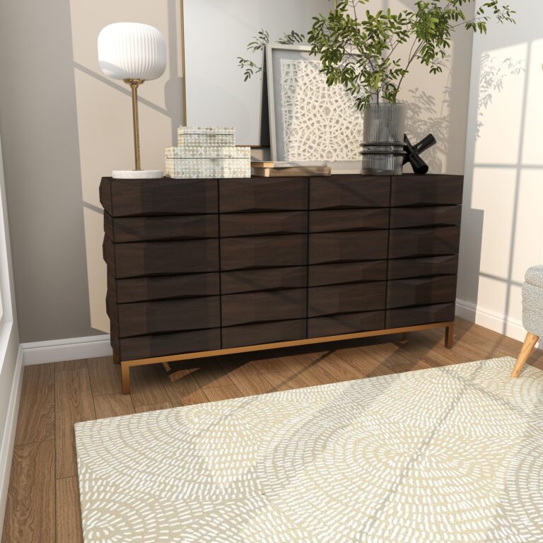 Dark Brown Wooden Geometric 1 Shelf and 4 Doors Room Sideboard