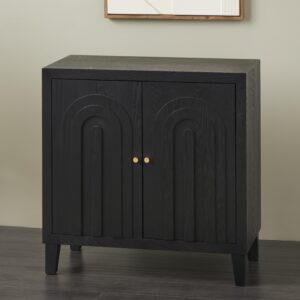 Black Wooden Geometric Art Deco Inspired Carved Arch 2 Door Room Cabinet with Gold Knobs