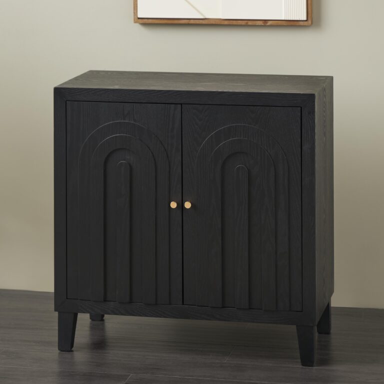 Black Wooden Geometric Art Deco Inspired Carved Arch 2 Door Room Cabinet with Gold Knobs