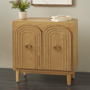 Brown Wooden Geometric Art Deco Inspired Carved Arch 2 Door Room Cabinet with Gold Ring Handles