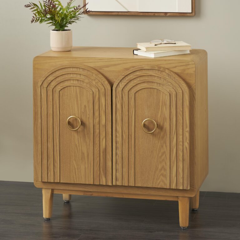Brown Wooden Geometric Art Deco Inspired Carved Arch 2 Door Room Cabinet with Gold Ring Handles