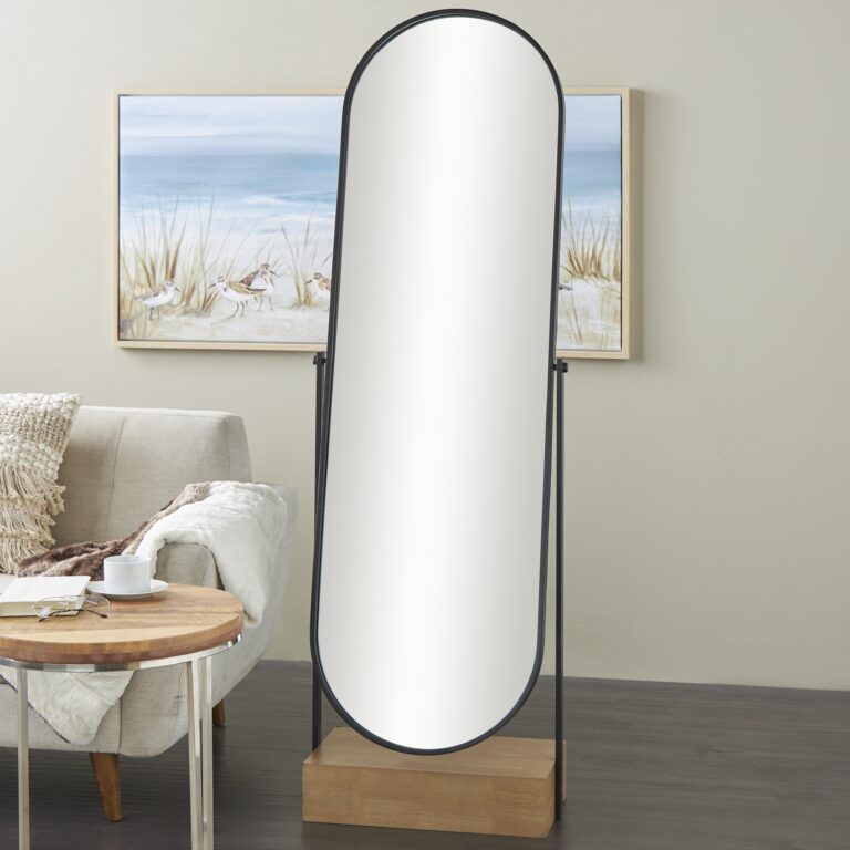 Black Wooden Oval Shaped Room Floor Mirror with Brown Wood Base