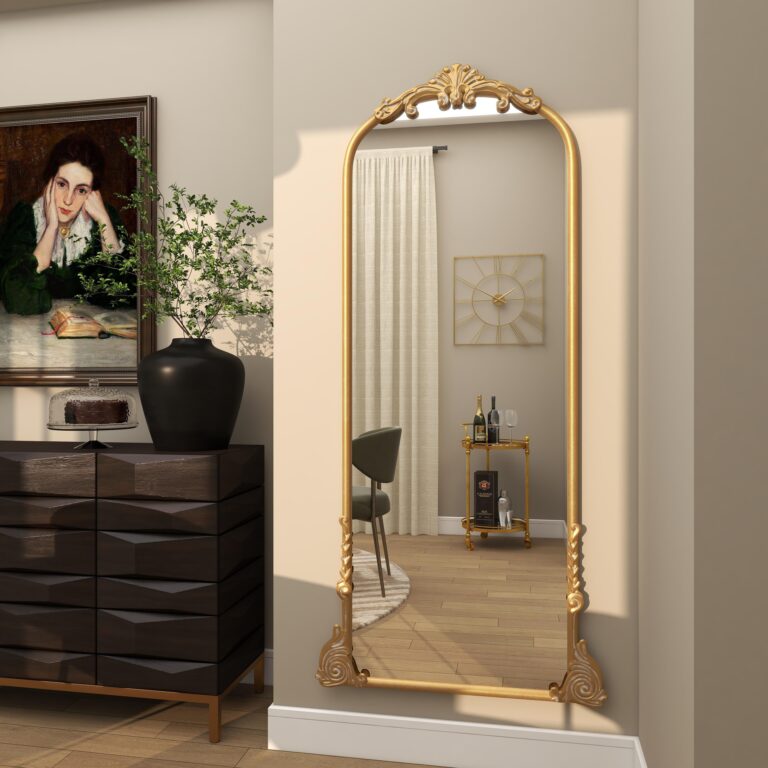 Gold Metal Scroll Tall Ornate Arched Baroque Room Floor Mirror