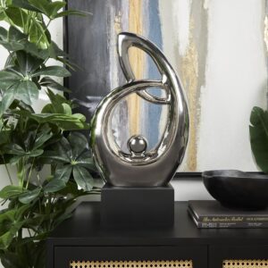Silver Ceramic Abstract Looped Decorative Sculpture with Black Block Base
