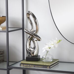 Silver Ceramic Abstract Swirl Decorative Sculpture with Black Base