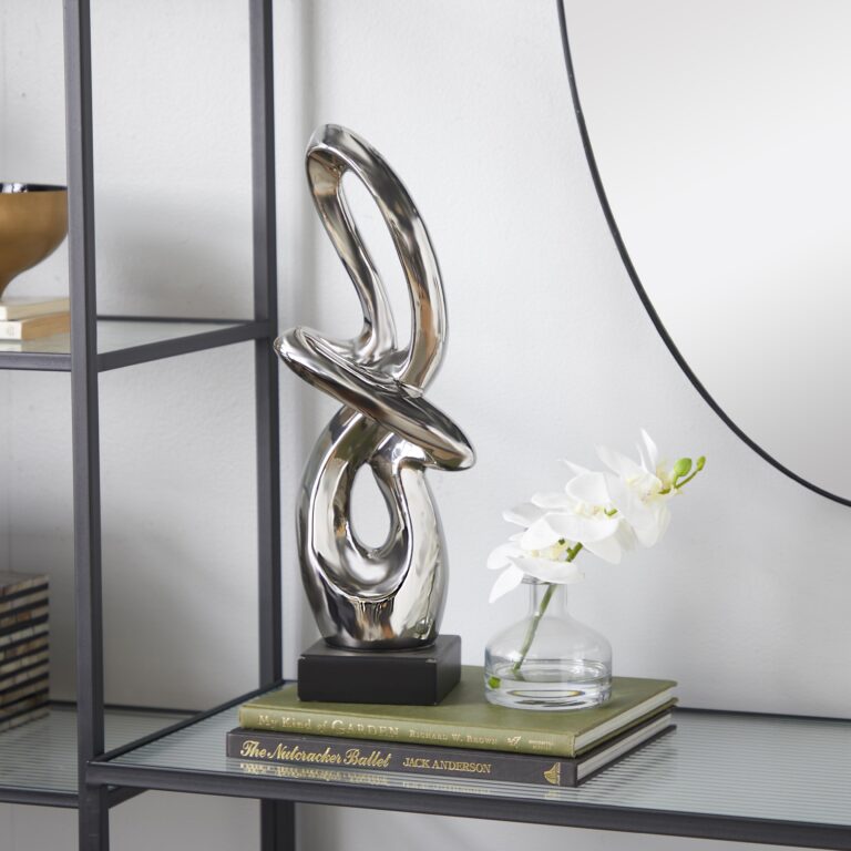 Silver Ceramic Abstract Swirl Decorative Sculpture with Black Base