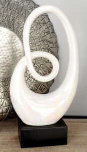 White Ceramic Abstract Swirl Decorative Sculpture with Black Wooden Base