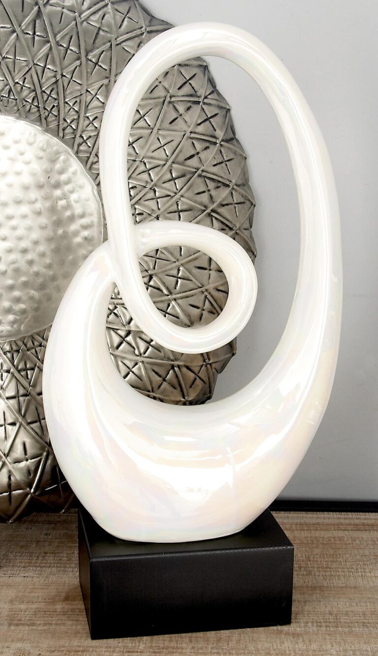 White Ceramic Abstract Swirl Decorative Sculpture with Black Wooden Base