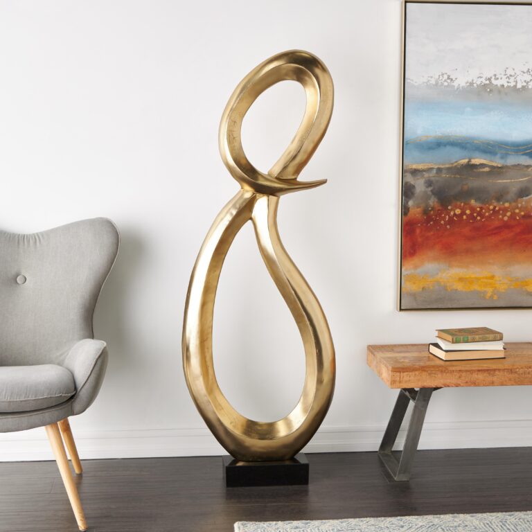 Gold Aluminum Metal Abstract Tall Looped Floor Decorative Sculpture with Black Marble Base