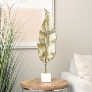 Gold Aluminum Metal Leaf Tall Textured Decorative Sculpture with White Marble Base