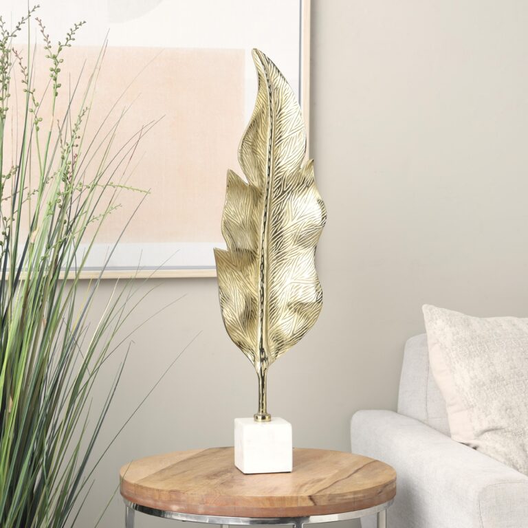 Gold Aluminum Metal Leaf Tall Textured Decorative Sculpture with White Marble Base