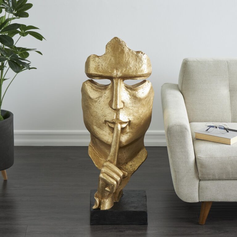 Gold Polystone People Large Cutout Quiet Gesture Face Decorative Sculpture with Black Base
